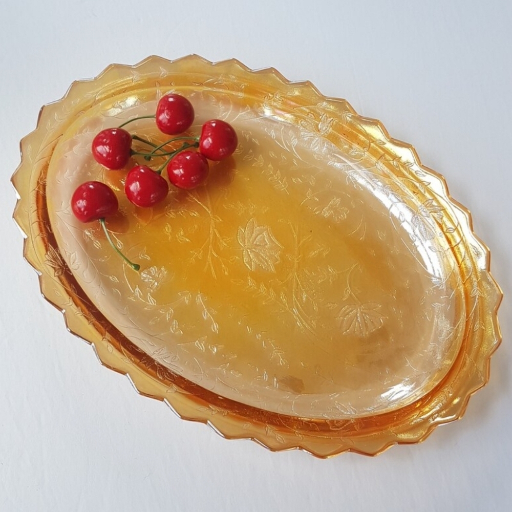 Jeannette Floragold Louisa Iridescent Glass Platter Collectible Marigold Glass